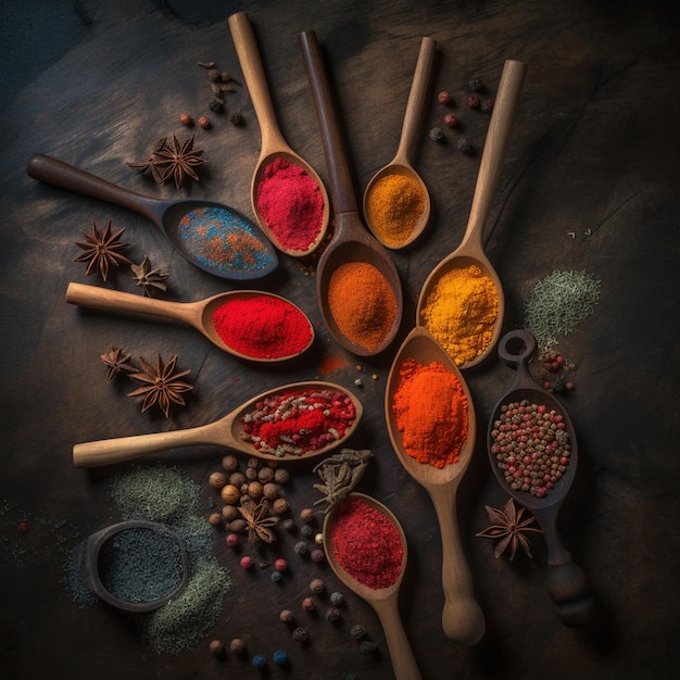 A collection of spices and herbs are on a table.