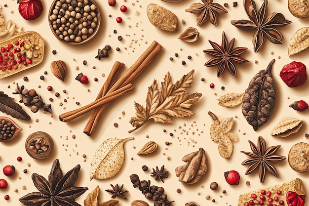 a collection of spices including pine nuts pine cones and spices