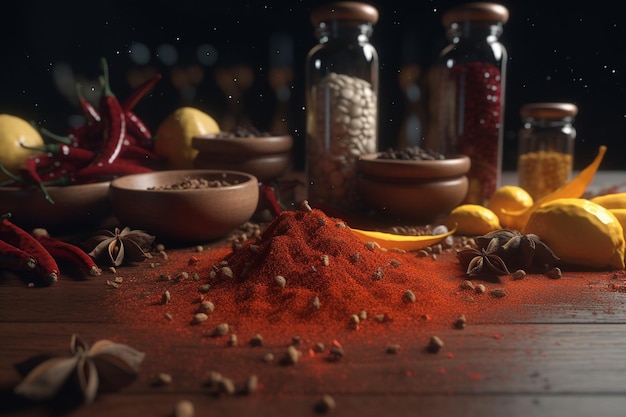 A collection of spices and a jar of red pepper.