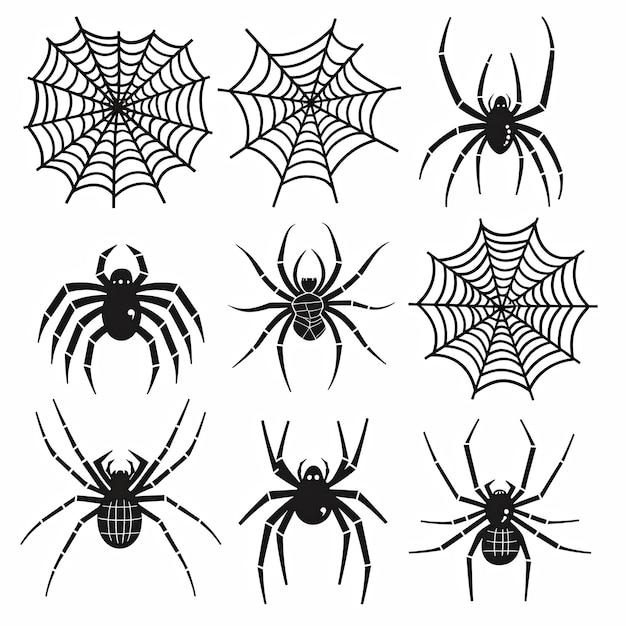 Photo a collection of spider web symbols halloween decor featuring cobwebs and spiders flat illustration of a spider and spiderweb on a white background