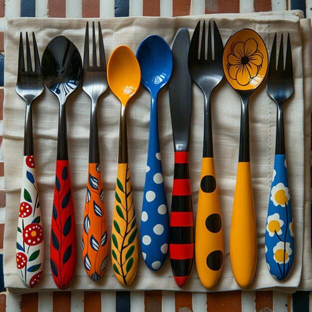 a collection of spoons and forks are on a table