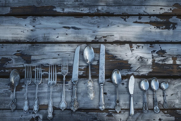 a collection of spoons and spoons are displayed on a wooden surface