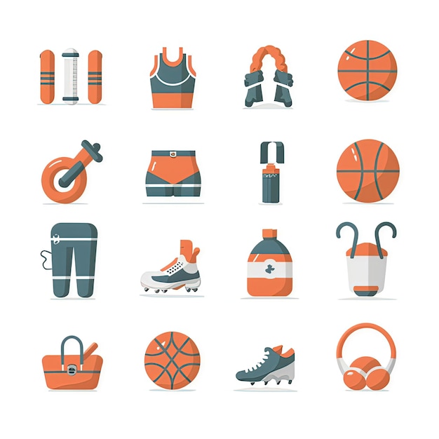 a collection of sports equipment including a basketball and sports bag