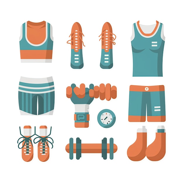 a collection of sports equipment including a pair of shoes and a t shirt