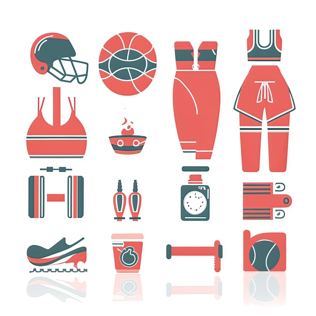 Photo a collection of sports equipment including a red and white outfit