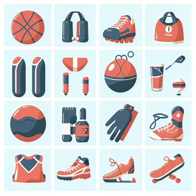 a collection of sports equipment and sports equipment