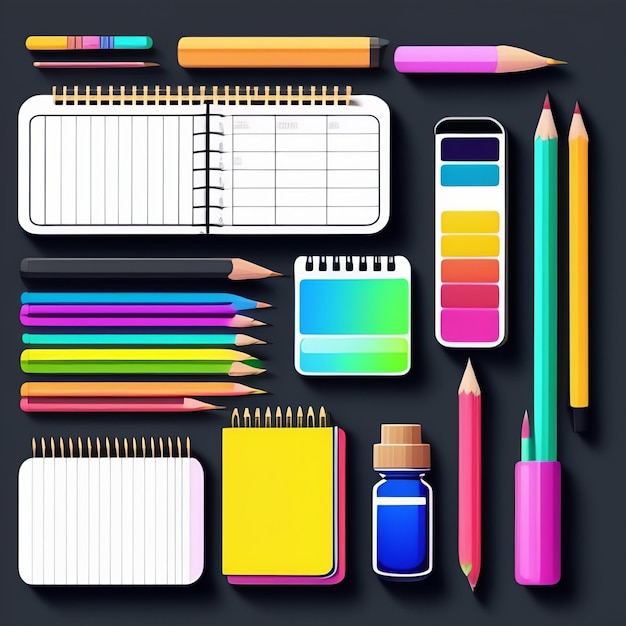 A collection of stationery including a pencil a blue bottle