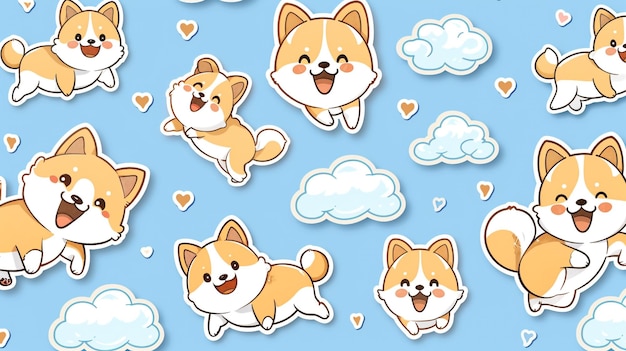 a collection of stickers with cute dogs and clouds on them