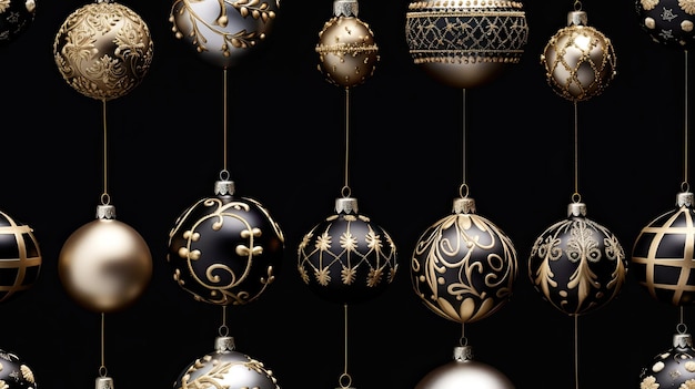 Photo collection of stunning gold and silver christmas decorations set against a dark black background