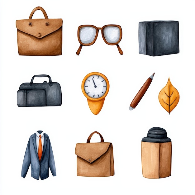 Photo a collection of stylish office items including bags glasses a suit and stationery illustrated in a minimalist style