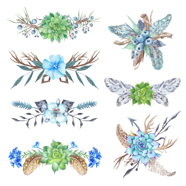 Collection of stylish watercolor handpainted feathers florals arrows and triangles in boho style