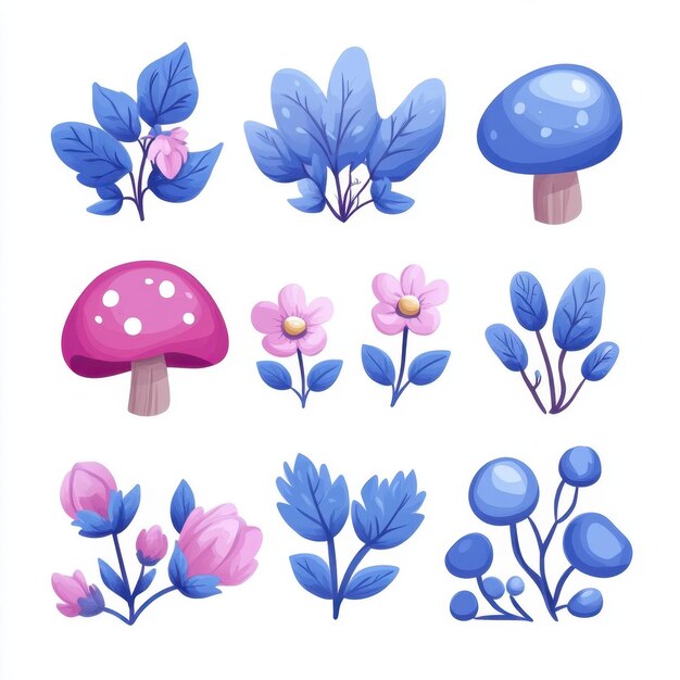 A collection of stylized plants and mushrooms in blue and pink hues