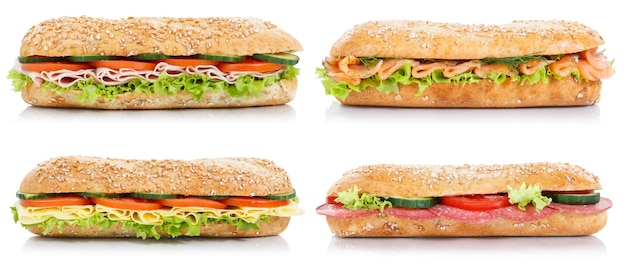 Collection of sub sandwiches with salami ham cheese salmon fish lateral isolated on white