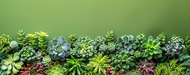 a collection of succulent plants with a green background