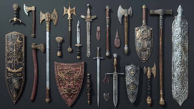 a collection of swords and weapons from the company of the army