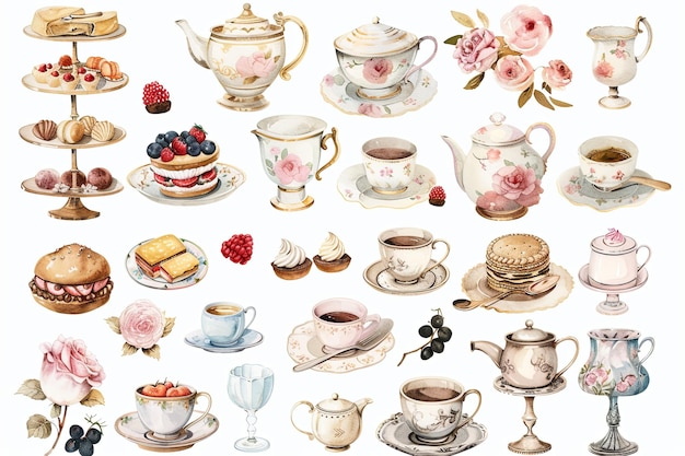 Photo a collection of teacups and plates with a floral design