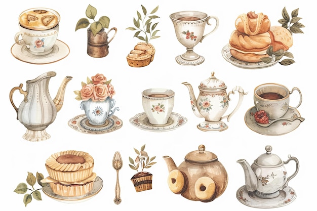 A collection of teacups and saucers including a teapot a cup and a saucer