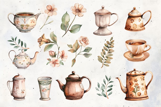 A collection of teapots and cups with flowers and leaves