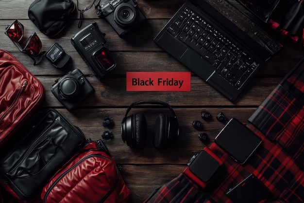 Photo a collection of tech gadgets and bags arranged for a black friday promotion