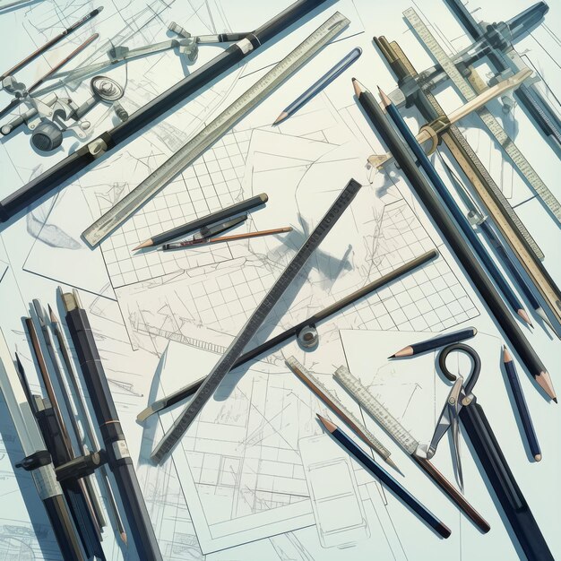 Photo a collection of technical drawing toolscompasses rulers and pencilsarranged on a drafting table niji 6 job id 1b9fd37ce8d441b89960b1de2591175b