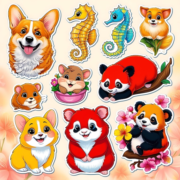 A collection of ten adorable cartoon animal stickers including a corgi seahorse hamster and red