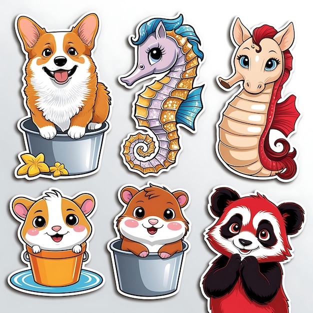 Photo a collection of ten adorable cartoon animal stickers including a corgi seahorse hamster and red