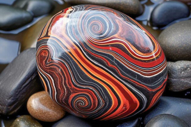 A collection of textured pebbles on the shore features little black and white stones creating a visually appealing natural composition