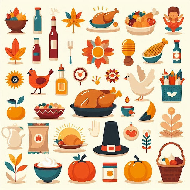 Photo a collection of thanksgiving icons including turkey turkey pumpkin and turkey