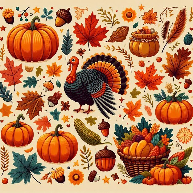 Photo a collection of thanksgiving icons including a turkey turkey turkey and autumn leaves