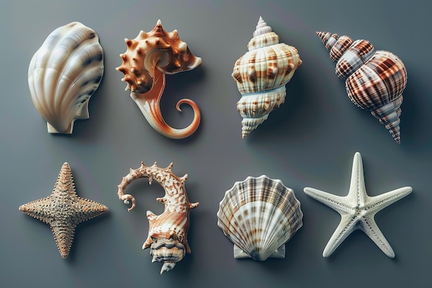 A collection of threedimensional shell snail mollusk starfish and sea horse icons Generative AI