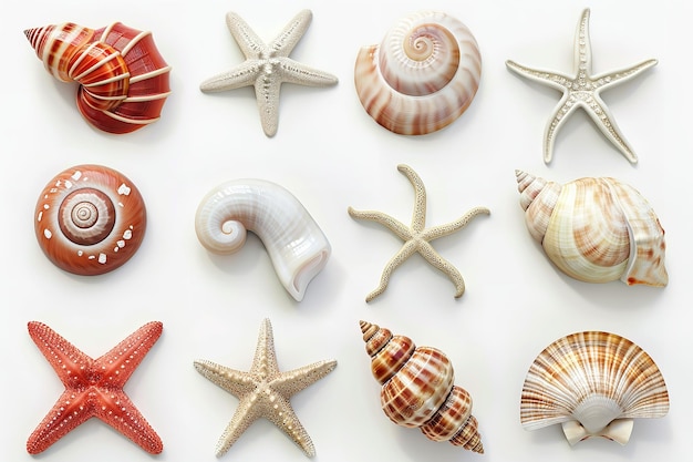 A collection of threedimensional shell snail mollusk starfish and sea horse icons Generative AI