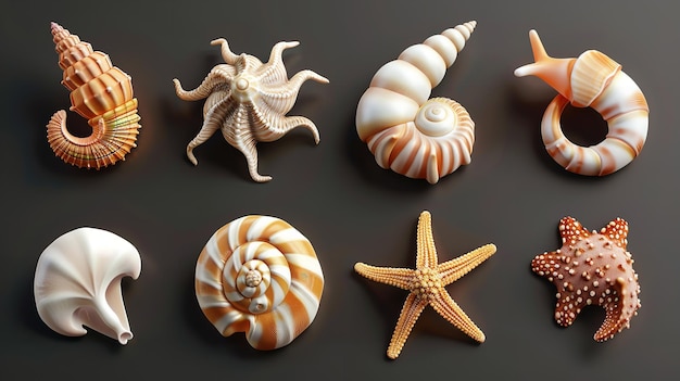 A collection of threedimensional shell snail mollusk starfish and sea horse icons Generative AI