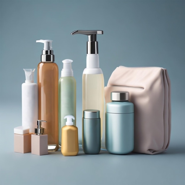 A collection of toiletries on blue background