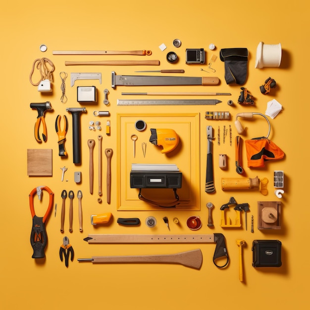 a collection of tools arranged on a yellow background