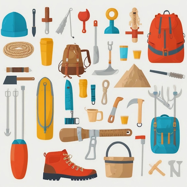 a collection of tools including a backpack a pair of boots and a backpack