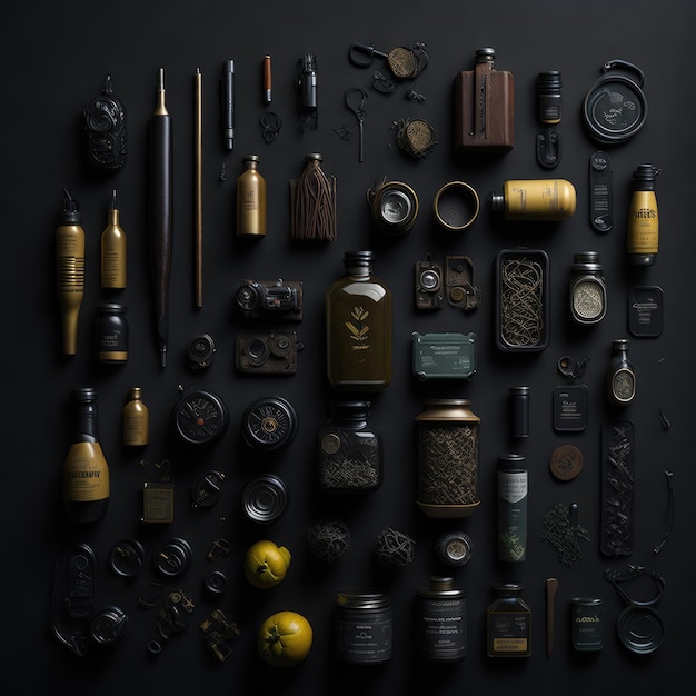 A collection of tools including a bottle of liquid and a bottle of oil.