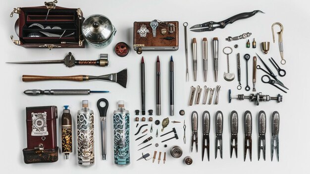 Photo a collection of tools including a hammer a bottle of ink and a bottle of ink generate by ai