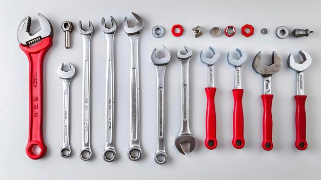 a collection of tools including one that has a red handle