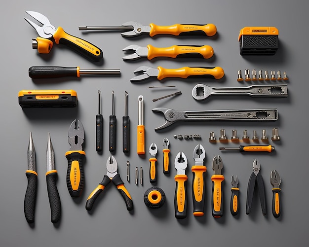 a collection of tools including one that has a yellow handle.