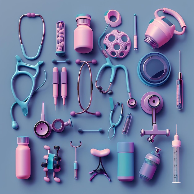 a collection of tools including a pink bottle and a blue handle