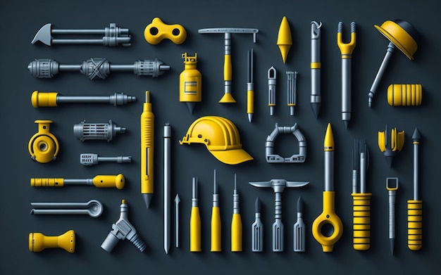 A collection of tools including a yellow helmet and a yellow helmet