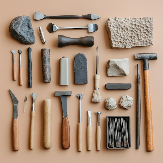 A collection of tools for sculpting and pottery on a light brown background