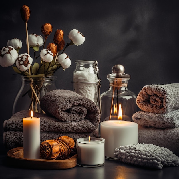 a collection of towels vases and candles with a vase of flowers