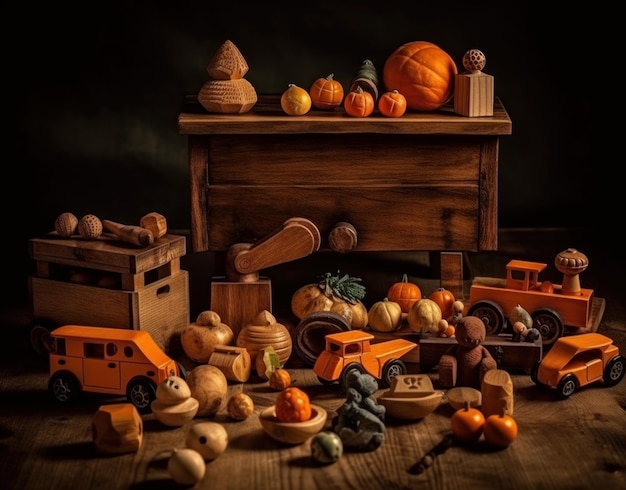 A collection of toys including a pumpkin, a pumpkin, and a toy truck.