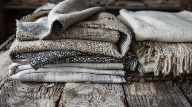 A collection of traditional fabrics in earthy tones carefully arranged on a rustic wooden table