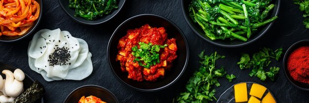 Photo a collection of traditional korean side dishes known as banchan arranged in small black bowls