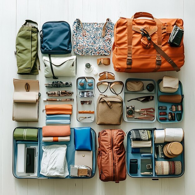 a collection of travel items including a bag a bag and a camera