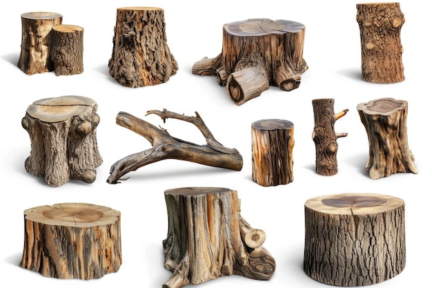 A collection of tree stumps on a white background Ideal for naturethemed designs