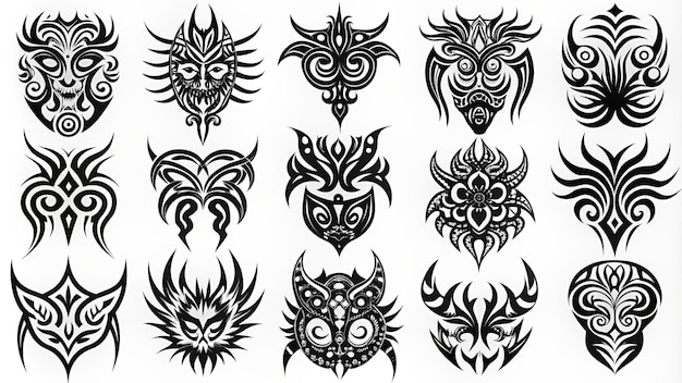 a collection of tribal masks with faces and patterns