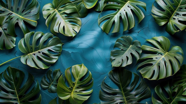 Collection of tropical leaves foliage plant in blue color background